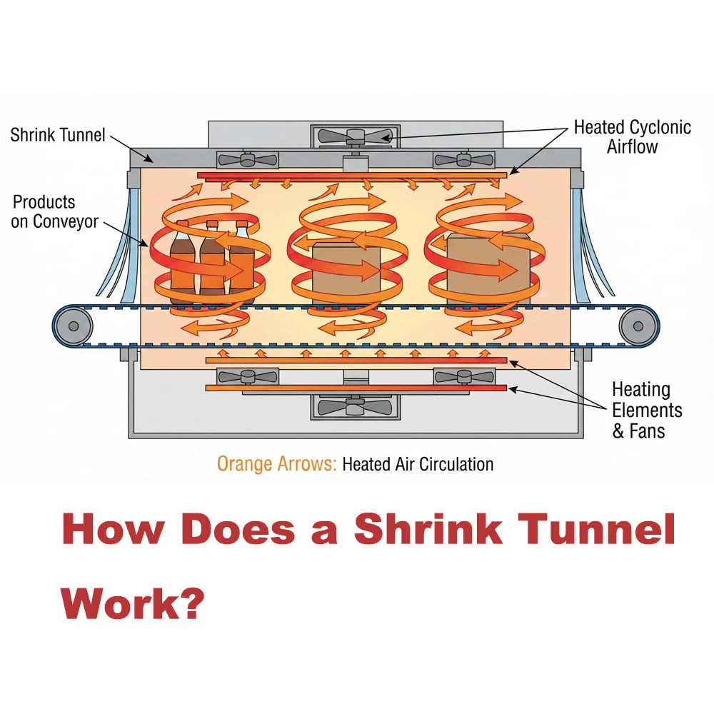 Diagram showing how cyclonic airflow wraps heat around products in a shrink tunnel